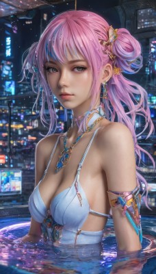 1girl,solo,long hair,breasts,looking at viewer,bangs,hair ornament,cleavage,bare shoulders,jewelry,medium breasts,closed mouth,blue hair,collarbone,swimsuit,upper body,pink hair,bikini,multicolored hair,earrings,choker,water,necklace,blurry,lips,wet,grey eyes,double bun,night,gem,armlet,partially submerged,hair rings,realistic,nose,pool,blue eyes,outdoors,artist name,streaked hair,one-piece swimsuit,eyelashes,watermark,freckles