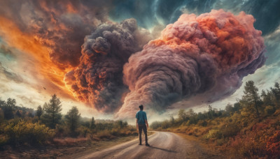 black hair, 1boy, standing, male focus, outdoors, sky, pants, cloud, from behind, tree, cloudy sky, fire, nature, scenery, forest, smoke, road