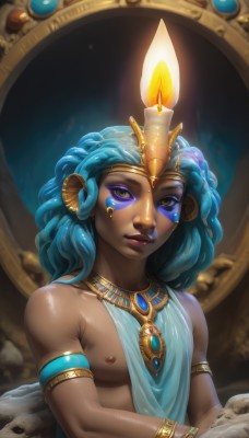 solo,long hair,looking at viewer,1boy,jewelry,nipples,green eyes,blue hair,yellow eyes,upper body,male focus,horns,shiny,artist name,dark skin,necklace,bracelet,lips,makeup,facial mark,dark-skinned male,fire,lipstick,armlet,eyeshadow,skull,nose,candle,egyptian clothes,dreadlocks,1girl,bare shoulders,shiny skin,facepaint