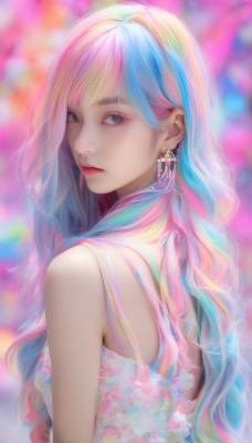 1girl,solo,long hair,looking at viewer,bangs,dress,bare shoulders,jewelry,closed mouth,blue hair,upper body,pink hair,flower,multicolored hair,earrings,sleeveless,looking back,from behind,blurry,two-tone hair,lips,grey eyes,eyelashes,makeup,depth of field,blurry background,wavy hair,floral print,lipstick,eyeshadow,rainbow hair,blue eyes,artist name,from side,sparkle,sleeveless dress,gem,pink lips,nose