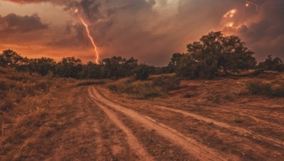 outdoors,sky,cloud,tree,no humans,cloudy sky,grass,nature,scenery,forest,sunset,electricity,road,field,lightning,landscape,path,red sky,monochrome,bush,orange theme