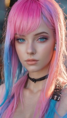 1girl,solo,long hair,breasts,looking at viewer,bangs,blue eyes,cleavage,jewelry,closed mouth,blue hair,collarbone,upper body,pink hair,multicolored hair,earrings,choker,artist name,two-tone hair,lips,eyelashes,gradient hair,makeup,black choker,portrait,close-up,eyeshadow,pink lips,realistic,nose,eyeliner,mascara,parted lips,blurry,aqua eyes,depth of field,blurry background