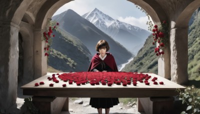 1girl,solo,looking at viewer,short hair,bangs,skirt,brown hair,long sleeves,dress,brown eyes,sitting,closed mouth,standing,closed eyes,flower,outdoors,sky,day,cloud,hood,black skirt,cape,black dress,tree,blue sky,petals,fruit,rose,table,plant,red flower,scenery,cloak,red rose,mountain,red cape,pillar,red cloak,smile,ruins