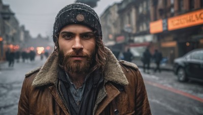 solo,looking at viewer,brown hair,shirt,1boy,hat,jacket,upper body,male focus,outdoors,blurry,coat,black headwear,depth of field,blurry background,facial hair,thick eyebrows,ground vehicle,motor vehicle,beard,brown jacket,mature male,realistic,mustache,beanie,winter clothes,car,leather,leather jacket,photo background,closed mouth,day,lips,parody,blue shirt,serious,road,manly,brown coat,street