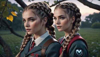 long hair,looking at viewer,blue eyes,multiple girls,brown hair,shirt,black hair,2girls,twintails,jewelry,school uniform,jacket,white shirt,upper body,braid,earrings,outdoors,parted lips,necktie,day,collared shirt,blurry,uniform,twin braids,tree,lips,depth of field,blurry background,siblings,leaf,backpack,sisters,red necktie,dual persona,twins,realistic,nose,branch,red lips,stud earrings,multiple braids,bangs,closed mouth,grey eyes,military,military uniform,makeup,sunlight,portrait,forehead