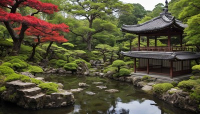 outdoors,day,water,tree,no humans,leaf,grass,building,nature,scenery,forest,rock,architecture,bridge,east asian architecture,river,shrine,stone,pond,stone lantern,stream,plant,stairs,bush,statue,moss