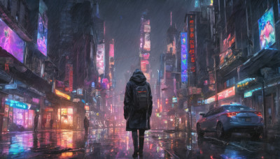 1girl, solo, standing, outdoors, hood, bag, from behind, coat, dutch angle, night, ground vehicle, building, scenery, motor vehicle, science fiction, rain, city, hands in pockets, car, road, cityscape, street, city lights, cyberpunk, neon lights