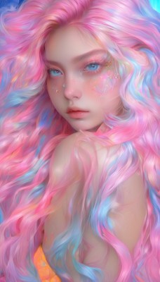 1girl,solo,long hair,looking at viewer,blush,blue eyes,bare shoulders,closed mouth,blue hair,upper body,pink hair,nude,multicolored hair,looking back,artist name,lips,eyelashes,watermark,wavy hair,monster girl,web address,freckles,realistic,nose,breasts,dress,sparkle,strapless,gradient hair,makeup,blue background,piercing,eyeshadow,pink lips,mascara