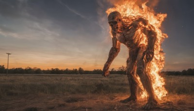 solo,1boy,standing,outdoors,sky,cloud,tree,no humans,fire,1other,sunset,monster,giant,power lines,ribs,skeleton,alien,horror (theme),burning,night,cloudy sky,grass,star (sky),scenery,realistic