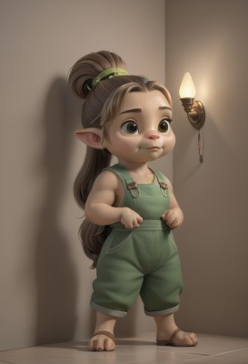 1girl,solo,long hair,smile,brown hair,brown eyes,jewelry,very long hair,closed mouth,standing,full body,ponytail,pointy ears,necklace,shadow,sandals,high ponytail,child,overalls,lalafell,bare shoulders,realistic,nose,candle,light bulb