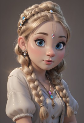 1girl,solo,long hair,breasts,looking at viewer,blush,smile,blue eyes,blonde hair,simple background,hair ornament,dress,jewelry,closed mouth,upper body,braid,short sleeves,earrings,small breasts,puffy sleeves,necklace,twin braids,puffy short sleeves,lips,eyelashes,makeup,gem,child,hair over shoulder,freckles,brown background,circlet,realistic,nose,blue gemstone,multiple braids,bangs,shirt,artist name,lipstick,red lips,mascara