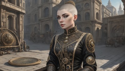 1girl,solo,looking at viewer,short hair,blue eyes,long sleeves,jewelry,upper body,white hair,grey hair,earrings,outdoors,solo focus,day,hair bun,armor,lips,grey eyes,makeup,single hair bun,ground vehicle,building,scenery,motor vehicle,eyeshadow,freckles,city,red lips,eyeliner,bald,very short hair,multiple others,statue,pavement,steampunk,chainmail,breasts,necklace,piercing,shield,architecture,gold,wheel