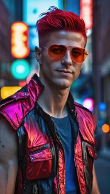 solo,looking at viewer,smile,short hair,shirt,1boy,jewelry,closed mouth,jacket,upper body,male focus,red hair,earrings,open clothes,sleeveless,mole,blurry,vest,lips,sleeveless shirt,blurry background,piercing,sunglasses,blue shirt,freckles,realistic,nose,stud earrings,very short hair,undercut,tinted eyewear,open vest,sleeveless jacket,outdoors,artist name,open jacket,night,depth of field,facial hair,red jacket,zipper,stubble,leather,leather jacket,cyberpunk,aviator sunglasses