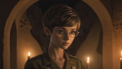 1girl,solo,looking at viewer,short hair,bangs,brown hair,brown eyes,jewelry,closed mouth,upper body,earrings,glasses,mole,uniform,lips,military,mole under eye,military uniform,portrait,realistic,nose,candle,world war ii,candlelight,collarbone,indoors,makeup,lipstick,epaulettes,round eyewear,red lips