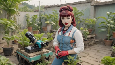 1girl,solo,long hair,breasts,looking at viewer,smile,bangs,brown hair,shirt,gloves,holding,brown eyes,jewelry,medium breasts,standing,white shirt,red hair,earrings,outdoors,necktie,day,striped,collared shirt,hair bun,lips,makeup,plant,lipstick,red necktie,red gloves,camera,red lips,potted plant,overalls,striped necktie,badge,hair ornament,long sleeves,blunt bangs,mole,black eyes,apron,vest,buttons,leaf,grass,denim,sleeves rolled up,name tag,button badge,garden,ivy