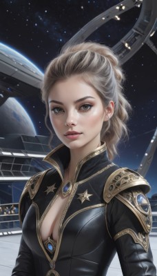 1girl,solo,long hair,breasts,looking at viewer,blonde hair,brown hair,cleavage,brown eyes,jewelry,medium breasts,closed mouth,upper body,ponytail,sky,lips,bodysuit,makeup,gem,star (sky),starry sky,science fiction,realistic,nose,space,planet,earth (planet),forehead,freckles,center opening