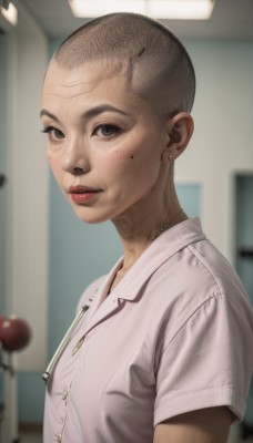 1girl,solo,looking at viewer,short hair,brown hair,shirt,1boy,jewelry,white shirt,upper body,short sleeves,male focus,earrings,parted lips,collared shirt,indoors,necklace,mole,blurry,black eyes,from side,lips,grey eyes,mole under eye,blurry background,piercing,freckles,realistic,red lips,very short hair,buzz cut,brown eyes,veins,nose,bald