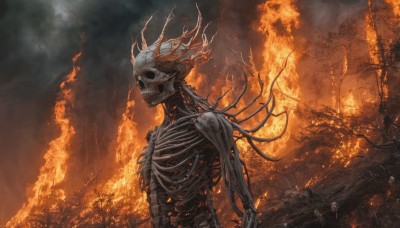 solo,outdoors,horns,sky,tree,no humans,fire,scenery,1other,skull,monster,ruins,ribs,skeleton,bone,embers,burning,spine,holding,weapon,holding weapon,nature,forest,smoke,antlers