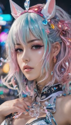 1girl,solo,breasts,looking at viewer,short hair,bangs,blue eyes,hair ornament,animal ears,bare shoulders,jewelry,medium breasts,blue hair,upper body,pink hair,multicolored hair,hairband,earrings,parted lips,cat ears,medium hair,necklace,nail polish,blurry,two-tone hair,lips,fingernails,eyelashes,gradient hair,makeup,depth of field,blurry background,fake animal ears,hand on own chest,gem,portrait,eyeshadow,blue nails,realistic,nose,mascara,long hair,cleavage,flower,sidelocks,teeth,choker,shiny,artist name,hand up,hair flower,rabbit ears,shiny hair,streaked hair,grey eyes,detached collar,close-up,pink flower,pink lips,eyeliner,aqua nails,bokeh,pink hairband