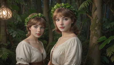 breasts,looking at viewer,smile,short hair,bangs,blue eyes,multiple girls,brown hair,shirt,dress,2girls,brown eyes,closed mouth,collarbone,white shirt,upper body,braid,short sleeves,small breasts,outdoors,parted lips,puffy sleeves,white dress,blurry,tree,puffy short sleeves,lips,siblings,leaf,plant,sisters,nature,forest,freckles,lantern,realistic,nose,head wreath,blush,day,blouse