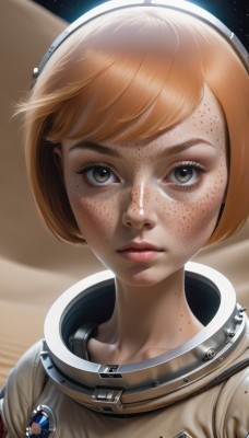 1girl,solo,looking at viewer,short hair,bangs,brown hair,brown eyes,closed mouth,green eyes,upper body,artist name,orange hair,mole,lips,eyelashes,makeup,swept bangs,watermark,bob cut,portrait,star (sky),freckles,realistic,nose,space,spacesuit,space helmet,astronaut,expressionless,helmet,planet,dirty,dirty face