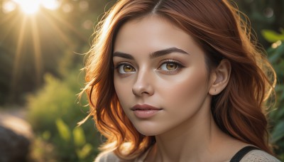 1girl,solo,long hair,looking at viewer,brown hair,shirt,brown eyes,closed mouth,white shirt,outdoors,parted lips,day,blurry,lips,eyelashes,depth of field,blurry background,wavy hair,sunlight,portrait,close-up,forehead,lens flare,freckles,curly hair,realistic,nose,artist name,watermark,light rays,bokeh