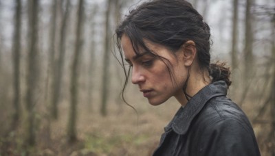 1girl,solo,long hair,brown hair,shirt,black hair,closed mouth,jacket,upper body,ponytail,outdoors,blurry,black eyes,from side,lips,profile,depth of field,blurry background,portrait,nature,forest,realistic,short hair,parted lips,tree,looking down,messy hair