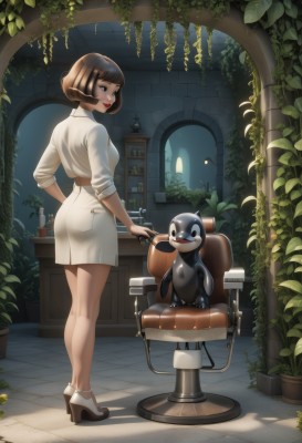 1girl,breasts,looking at viewer,smile,short hair,bangs,blue eyes,skirt,brown hair,shirt,holding,standing,full body,ass,shoes,socks,looking back,indoors,from behind,black eyes,high heels,lips,pokemon (creature),window,makeup,night,shadow,chair,table,bob cut,white skirt,plant,lipstick,sleeves rolled up,kneepits,red lips,potted plant,lamp,solo,dress,blunt bangs,bare legs