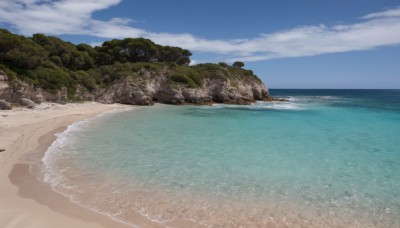 outdoors,sky,day,cloud,water,tree,blue sky,no humans,ocean,beach,cloudy sky,nature,scenery,rock,sand,horizon,waves,shore,forest,island