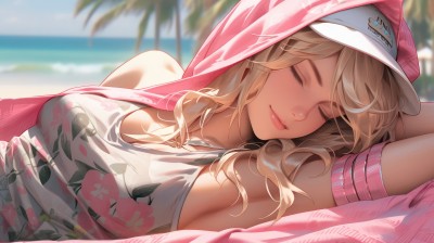 1girl,solo,long hair,breasts,smile,bangs,blonde hair,large breasts,shirt,hat,cleavage,bare shoulders,jewelry,medium breasts,closed mouth,closed eyes,upper body,outdoors,lying,sky,sleeveless,day,hood,on back,armpits,blurry,arm up,tree,lips,hoodie,depth of field,blurry background,ocean,on side,beach,floral print,sleeping,tank top,armband,baseball cap,arm behind head,pink lips,palm tree,blanket,necklace,visor cap