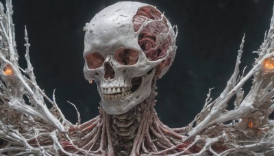 solo,teeth,no humans,glowing,1other,science fiction,skull,monster,realistic,skeleton,extra eyes,bone,alien,horror (theme),simple background,black background,branch