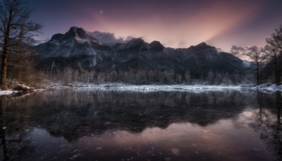 outdoors,sky,cloud,water,tree,no humans,night,cloudy sky,star (sky),nature,night sky,scenery,snow,forest,starry sky,reflection,sunset,snowing,mountain,winter,bare tree,river,landscape,mountainous horizon,lake,reflective water