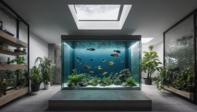 sky,indoors,water,no humans,window,table,plant,scenery,fish,underwater,potted plant,shelf,flower pot,aquarium,animal,sunlight,light rays,wooden floor,tiles,light,tile floor,ceiling,ceiling light,cabinet,coral