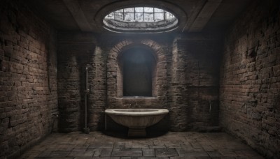 indoors,no humans,window,chair,table,scenery,door,clock,wall,brick wall,arch,sunlight,light rays,fantasy,tiles,tile floor,still life,brick,brick floor