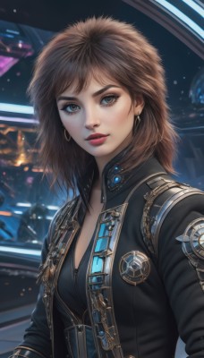 1girl,solo,long hair,breasts,looking at viewer,bangs,brown hair,long sleeves,cleavage,brown eyes,jewelry,medium breasts,closed mouth,jacket,upper body,earrings,open clothes,medium hair,blurry,open jacket,lips,black jacket,eyelashes,makeup,blurry background,lipstick,hoop earrings,realistic,nose,red lips,leather,short hair,blue eyes,small breasts,parted lips,artist name,thick eyebrows,eyeshadow,badge