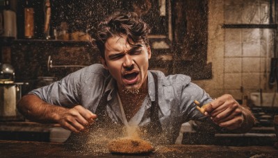 solo,short hair,open mouth,brown hair,shirt,black hair,1boy,holding,jacket,closed eyes,white shirt,upper body,male focus,necktie,teeth,collared shirt,indoors,facial hair,facing viewer,realistic,mustache,food,apron,window,parody,table,bottle,beard,sleeves rolled up,smoke,shouting,cooking,kitchen,arm hair,screaming