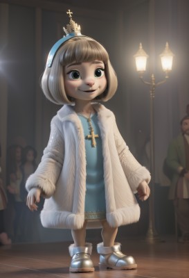 1girl,smile,short hair,bangs,blonde hair,brown hair,long sleeves,dress,jewelry,green eyes,standing,full body,hairband,boots,multiple boys,open clothes,shoes,solo focus,artist name,indoors,signature,blunt bangs,necklace,black eyes,coat,fur trim,blue dress,facial hair,white footwear,cross,crown,child,open coat,female child,light,lamp,cross necklace,fur-trimmed coat,lamppost,solo,bob cut,spotlight