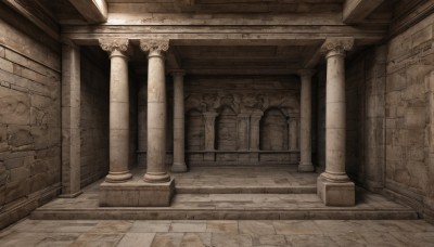 monochrome,outdoors,indoors,dutch angle,no humans,scenery,stairs,door,wall,ruins,pillar,statue,arch,column,stone floor,sunlight,plant,light rays,light,architecture,gate,pavement,brick floor