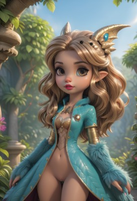 1girl,solo,long hair,breasts,looking at viewer,smile,blonde hair,brown hair,hair ornament,long sleeves,dress,navel,brown eyes,jewelry,standing,flower,cowboy shot,small breasts,outdoors,open clothes,horns,sky,pussy,day,pointy ears,artist name,nail polish,blurry,tree,lips,coat,loli,uncensored,makeup,no panties,blurry background,bottomless,leaf,thigh gap,light brown hair,plant,lipstick,red nails,freckles,nose,arms at sides,red lips,cleft of venus,petite,blue coat,naked coat,necklace,wavy hair,crown