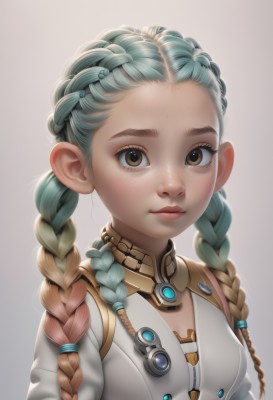 1girl,solo,long hair,breasts,looking at viewer,simple background,brown hair,brown eyes,closed mouth,blue hair,jacket,upper body,braid,multicolored hair,small breasts,artist name,grey background,twin braids,two-tone hair,lips,eyelashes,aqua hair,gradient hair,makeup,forehead,freckles,realistic,nose,multiple braids,gradient,gradient background