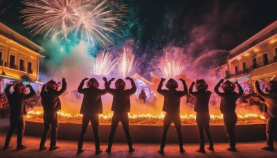 standing,outdoors,multiple boys,sky,arms up,night,phone,ground vehicle,night sky,motor vehicle,6+boys,camera,fireworks,crowd,taking picture,train,aerial fireworks,cheering,short hair,multiple girls,holding,school uniform,male focus,gakuran,festival