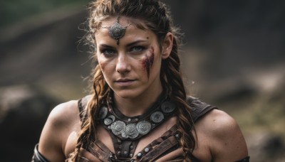 1girl,solo,long hair,looking at viewer,brown hair,bare shoulders,brown eyes,jewelry,upper body,braid,armor,blurry,twin braids,lips,grey eyes,blurry background,scar,portrait,freckles,circlet,realistic,dirty,black hair,blood,curly hair,blood on face