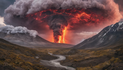 outdoors, sky, cloud, no humans, cloudy sky, fire, scenery, mountain, lightning, landscape, molten rock