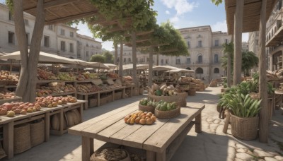 outdoors,food,sky,day,cloud,tree,blue sky,no humans,window,fruit,shadow,table,sunlight,plant,ground vehicle,building,scenery,motor vehicle,basket,road,house,bread,street,shop,vegetable,town,barrel,apple,potted plant,bench,cityscape,carrot,crate,potato,onion