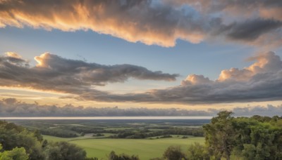 outdoors,sky,day,cloud,tree,blue sky,no humans,cloudy sky,grass,nature,scenery,forest,sunset,mountain,horizon,landscape,hill,water,ocean