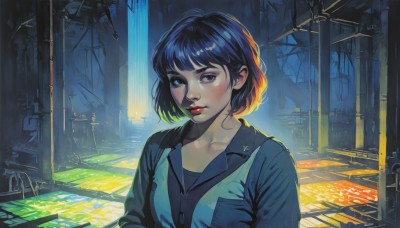 1girl,solo,looking at viewer,short hair,bangs,blue eyes,shirt,black hair,closed mouth,blue hair,collarbone,upper body,collared shirt,black eyes,vest,lips,makeup,bob cut,lipstick,nose,red lips,breasts,blush,jacket,outdoors,black shirt,blue shirt,scenery,realistic