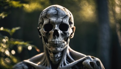 solo,looking at viewer,1boy,collarbone,upper body,male focus,teeth,blurry,blurry background,portrait,skull,realistic,bald,skeleton,horror (theme),no humans,depth of field,nature,bokeh