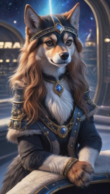 1girl,solo,long hair,looking at viewer,smile,brown hair,brown eyes,jewelry,sitting,tail,outdoors,sky,belt,sword,artist name,signature,necklace,armor,blurry,bracelet,fur trim,no humans,night,blurry background,brooch,gem,star (sky),night sky,furry,starry sky,dog,fantasy,furry female,upper body,animal,watermark,shoulder armor,pendant,animal focus