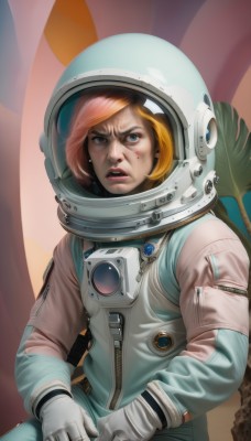 1girl,solo,looking at viewer,short hair,blue eyes,blonde hair,gloves,jewelry,sitting,earrings,parted lips,teeth,white gloves,orange hair,lips,blood,makeup,helmet,zipper,blood on face,realistic,nose,dirty,spacesuit,space helmet,astronaut,open mouth,signature,freckles,science fiction,pilot suit,dirty face,cockpit