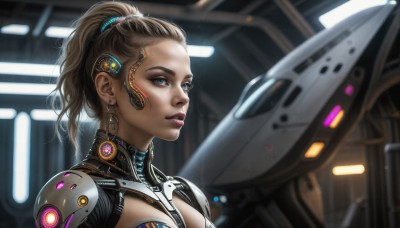 HQ,1girl,solo,breasts,blue eyes,brown hair,hair ornament,jewelry,upper body,ponytail,earrings,parted lips,armor,blurry,lips,makeup,robot,lipstick,science fiction,realistic,nose,cyborg,hair pulled back,cyberpunk,long hair,looking at viewer,medium breasts,dark skin,from side,dark-skinned female,glowing,portrait,close-up,eyeshadow,cable